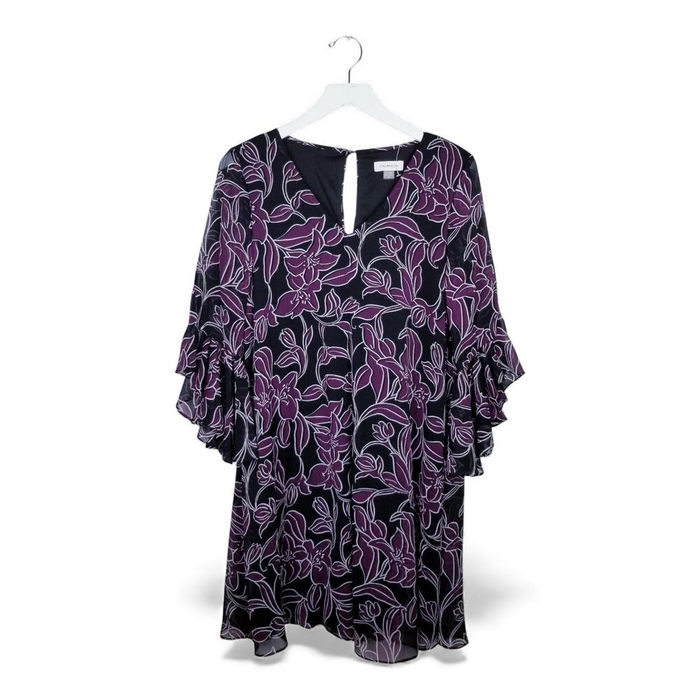 CALVIN KLEIN Trapeze Dress Purple Floral V-Neck Nape Keyhole Ruffles - Size 10